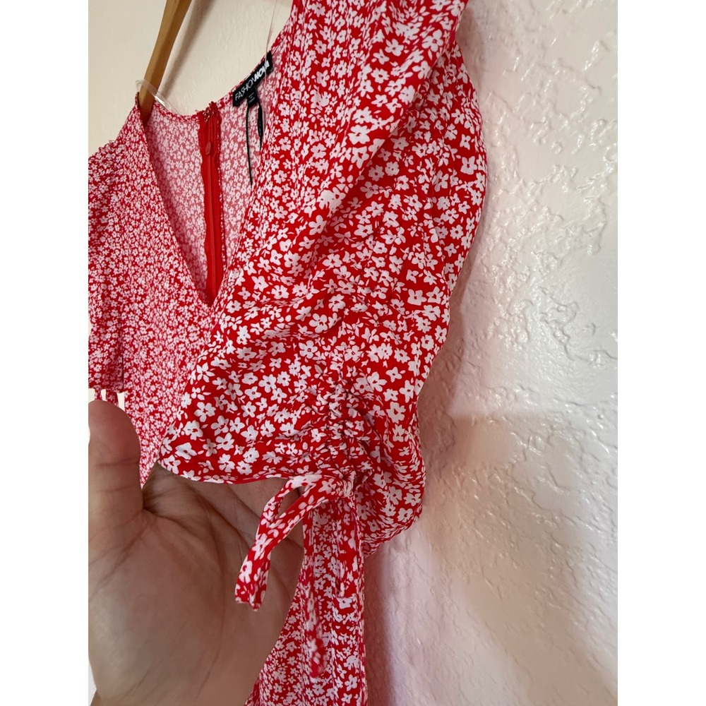 Fashion Nova Clarissa Floral Midi Dress Womens L Red White Ruched Mermaid Summer - Picture 9 of 13